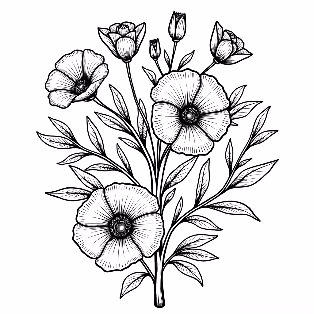 Detailed black-and-white floral illustration with intricate leaf details and elegant blooms.