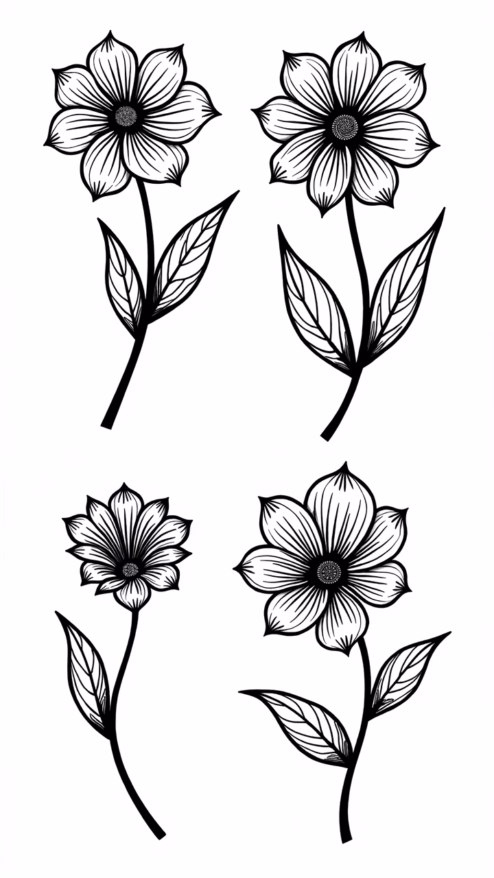 Detailed black-and-white floral illustration with elegant petal patterns and delicate leaves.