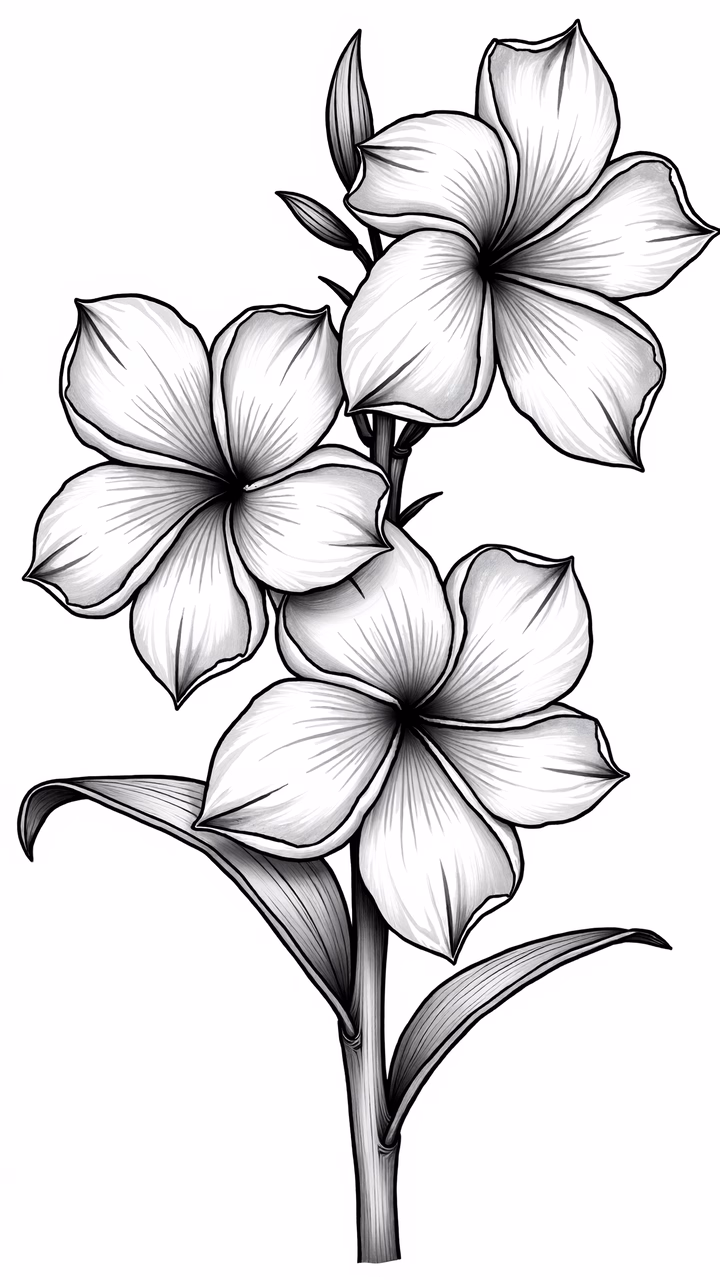 Detailed black-and-white floral illustration featuring plumeria flowers.
