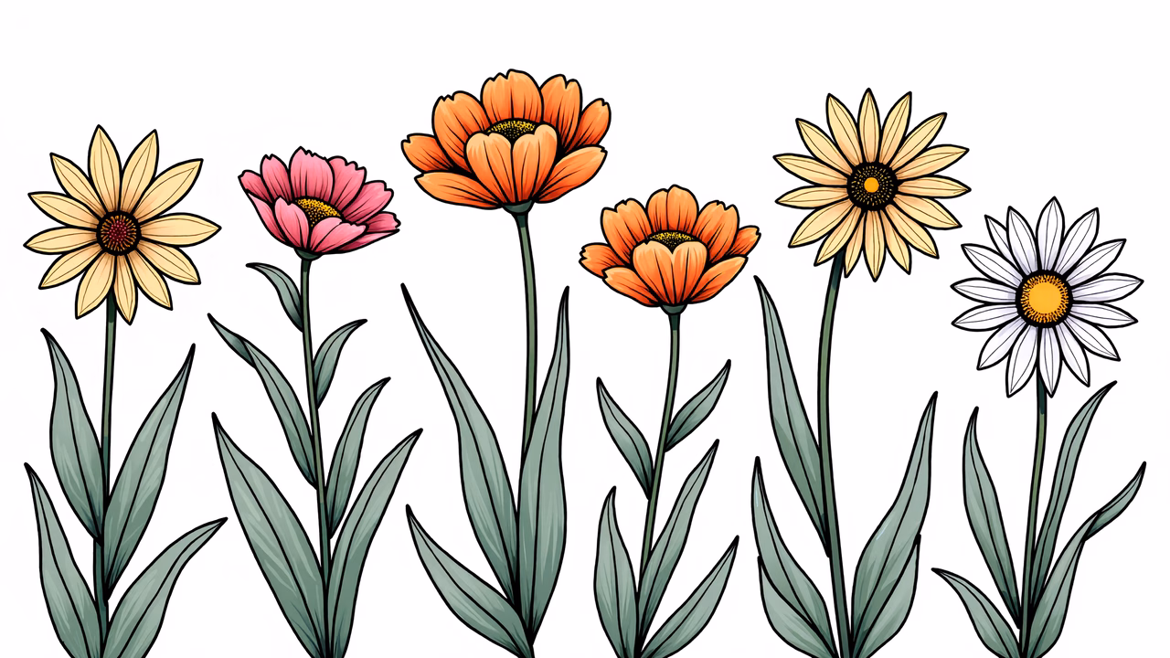 Vibrant floral illustration with diverse colors and detailed petals on a clean white background.