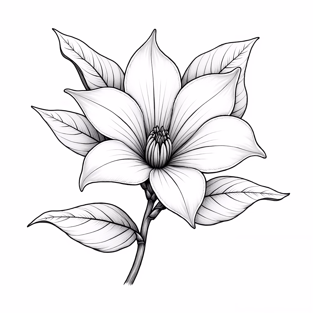 Detailed black-and-white botanical illustration of a blooming flower and leaves.
