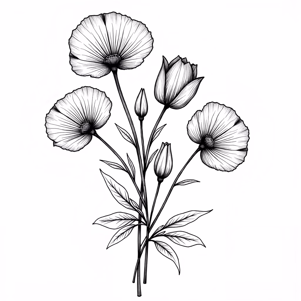 Detailed black-and-white botanical illustration featuring flowers and buds.