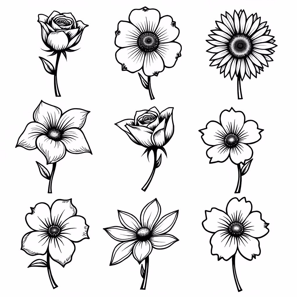 Stylized black and white floral illustrations featuring detailed flowers in various stages of bloom.