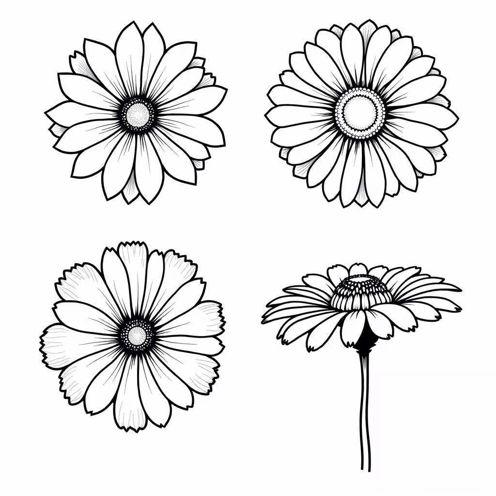 Detailed black and white floral sketches showcasing intricate petal patterns and symmetrical designs.