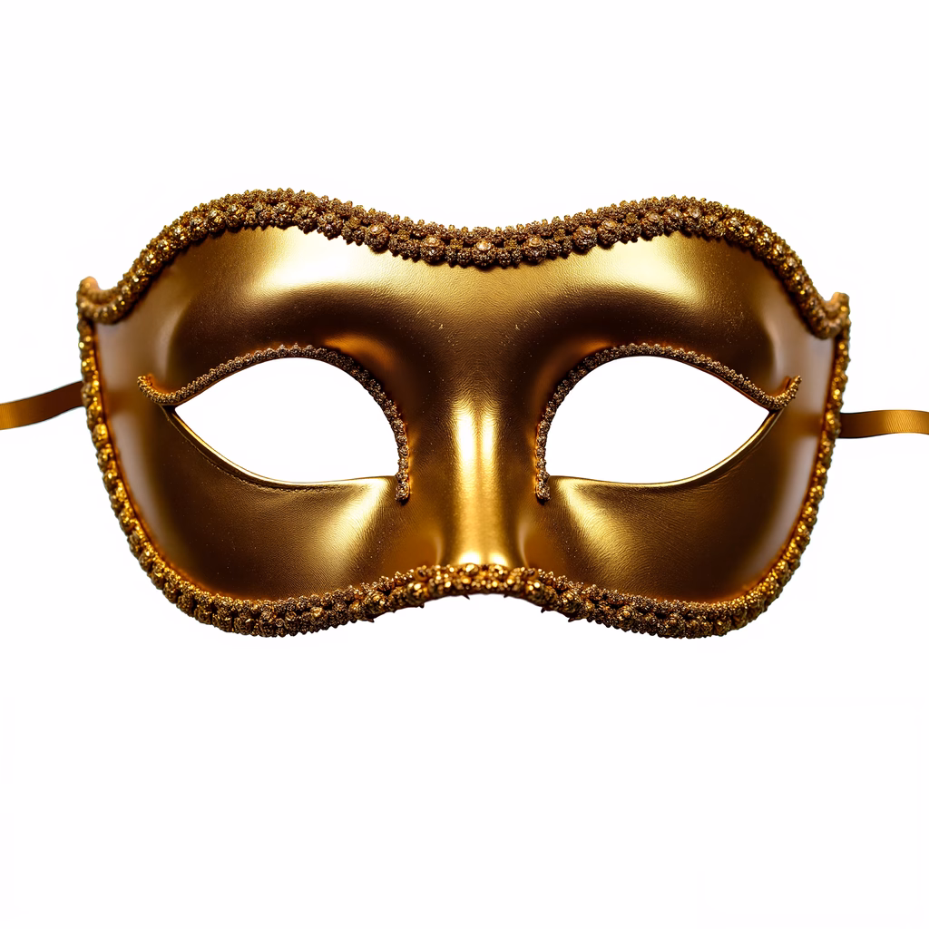 Elegant golden masquerade mask with beadwork and glossy finish, perfect for a sophisticated event.