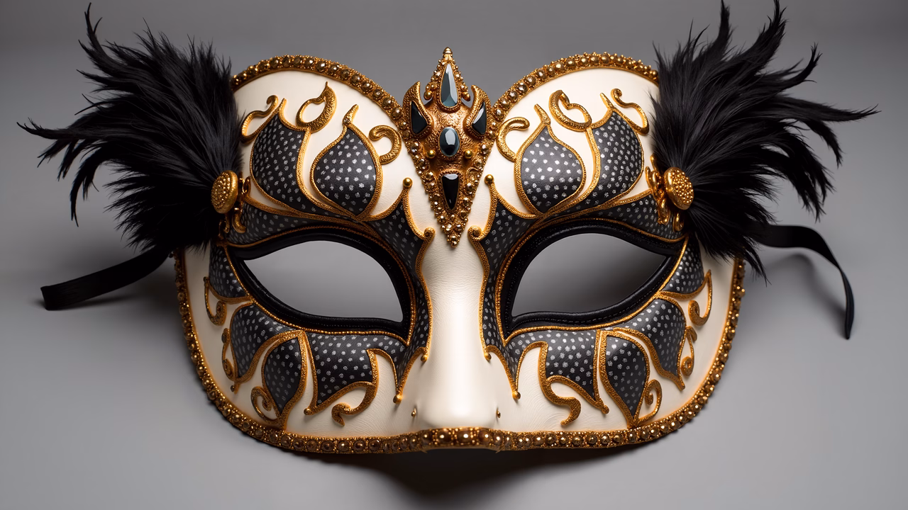 Elegant Venetian mask with gold details and black feathers, perfect for masquerade events.