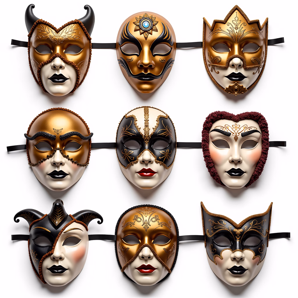 A collection of ornate Venetian masks in gold and black hues.