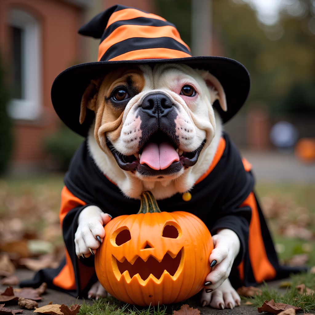 A bulldog dressed as a witch holding a carved pumpkin, perfect for Halloween celebrations.