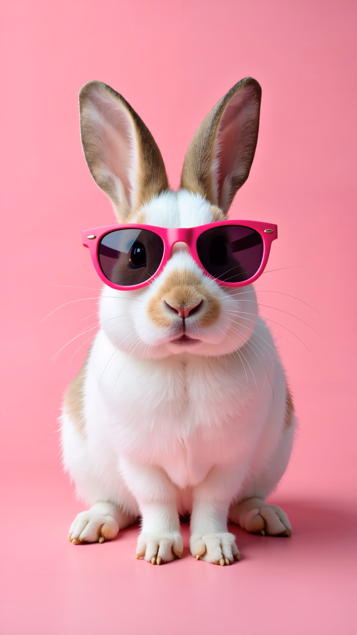 Playful bunny wearing pink sunglasses on a pink background.