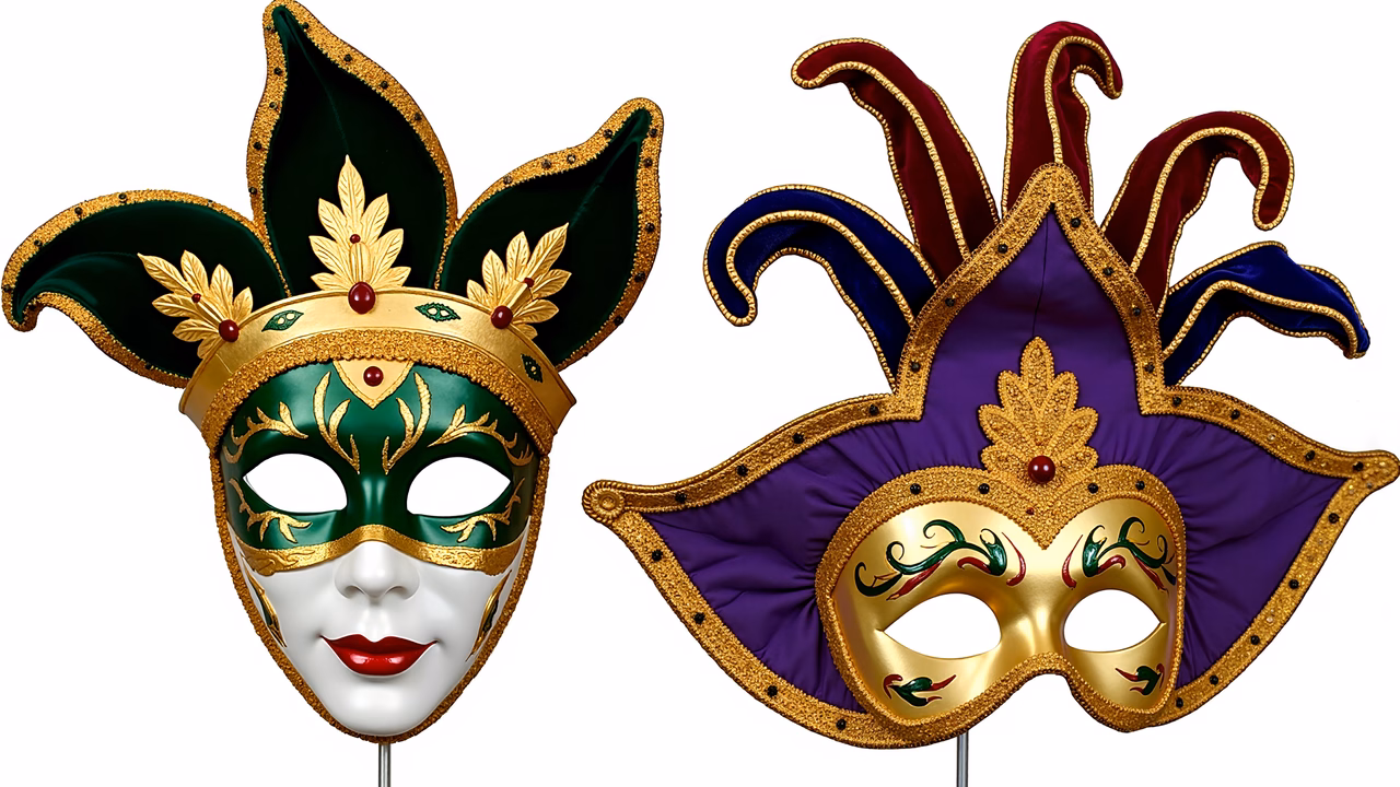 Vibrant Mardi Gras masks in green and purple, celebrating Carnival festivities.
