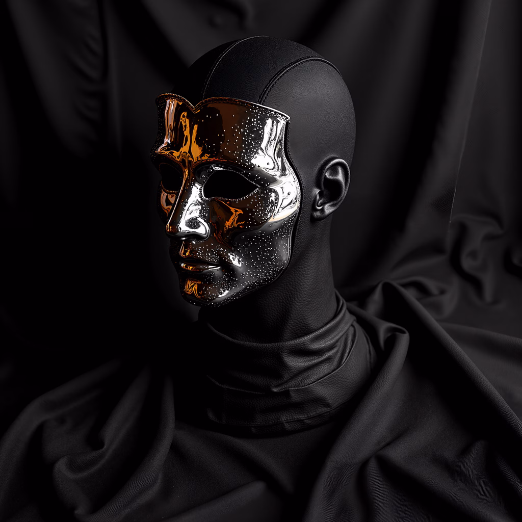 Mysterious figure with glossy, reflective mask in a dark setting.
