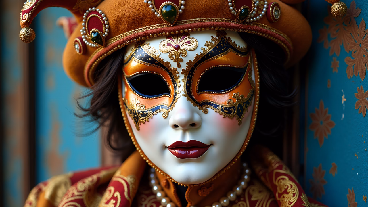 A masquerade mask with intricate gold details and vibrant colors against a soft blue floral background.