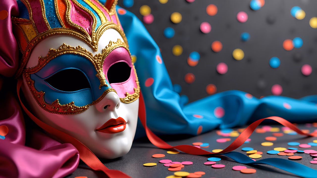 A masquerade mask with colorful details and confetti, symbolizing mystery and celebration.