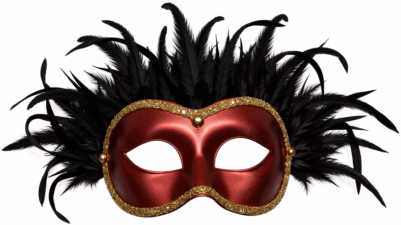 Elegant masquerade mask with red leather texture and glittering gold border, adorned with black feathers.