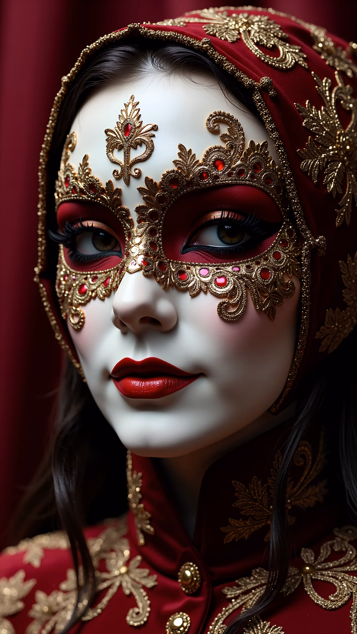 Elegant masquerade portrait with intricate details and vibrant colors.
