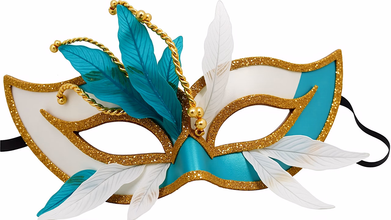 Elegant masquerade mask with gold glitter and turquoise accents, perfect for a festive event.