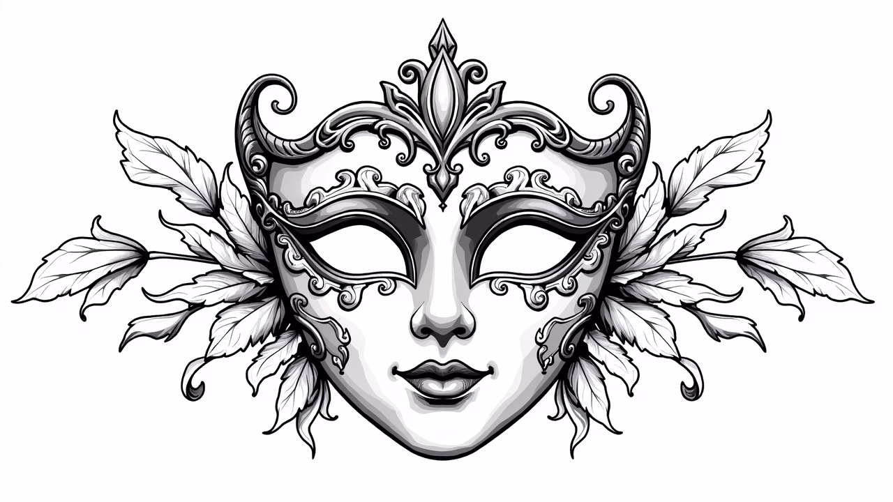 Elegant masquerade mask with intricate floral details in monochrome tones.