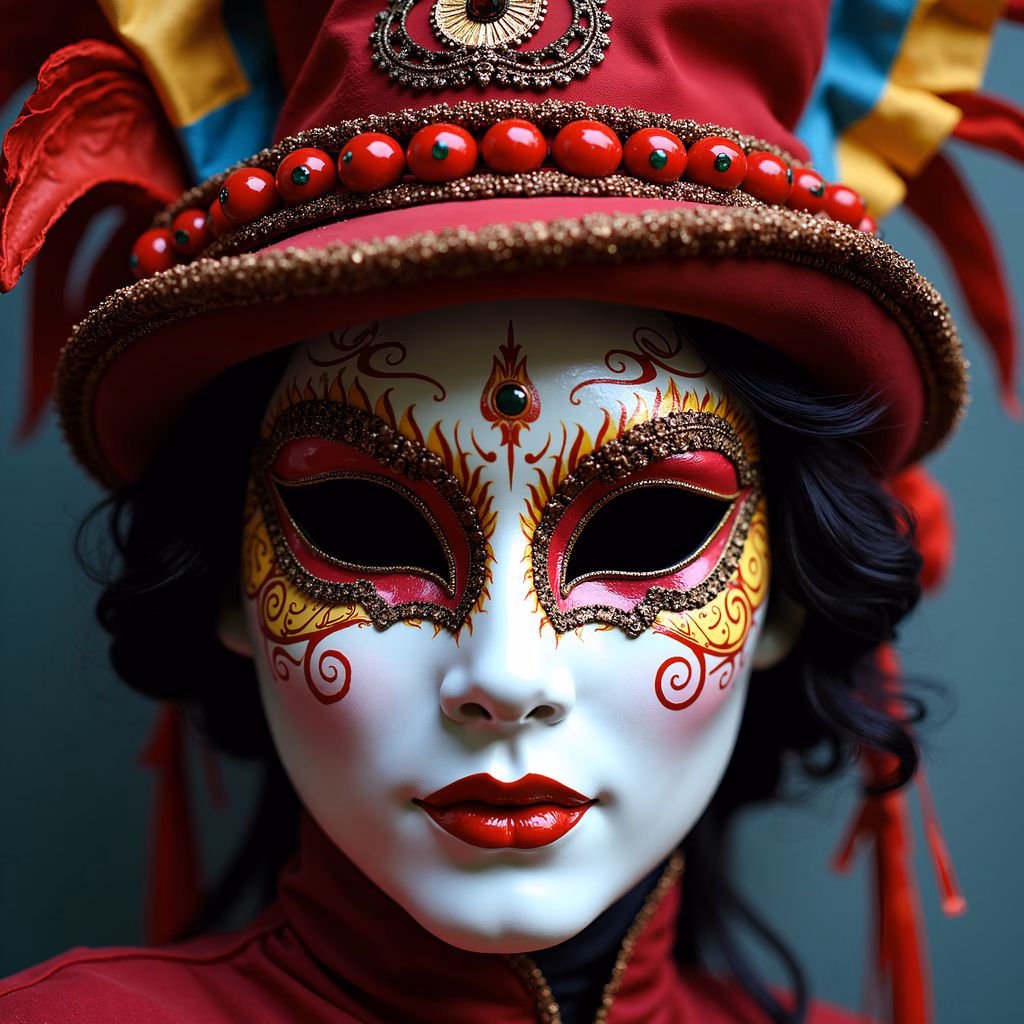 Elegant masquerade mask with intricate red and gold patterns, perfect for a festive event.