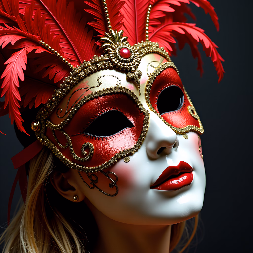 Luxurious masquerade mask with red feathers and gold details.