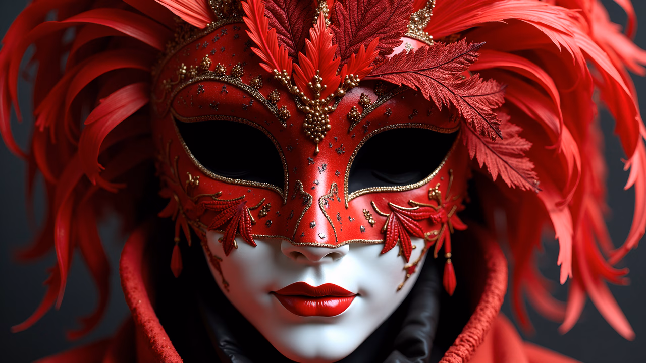 Elegant masquerade mask with red feathers and gold details.