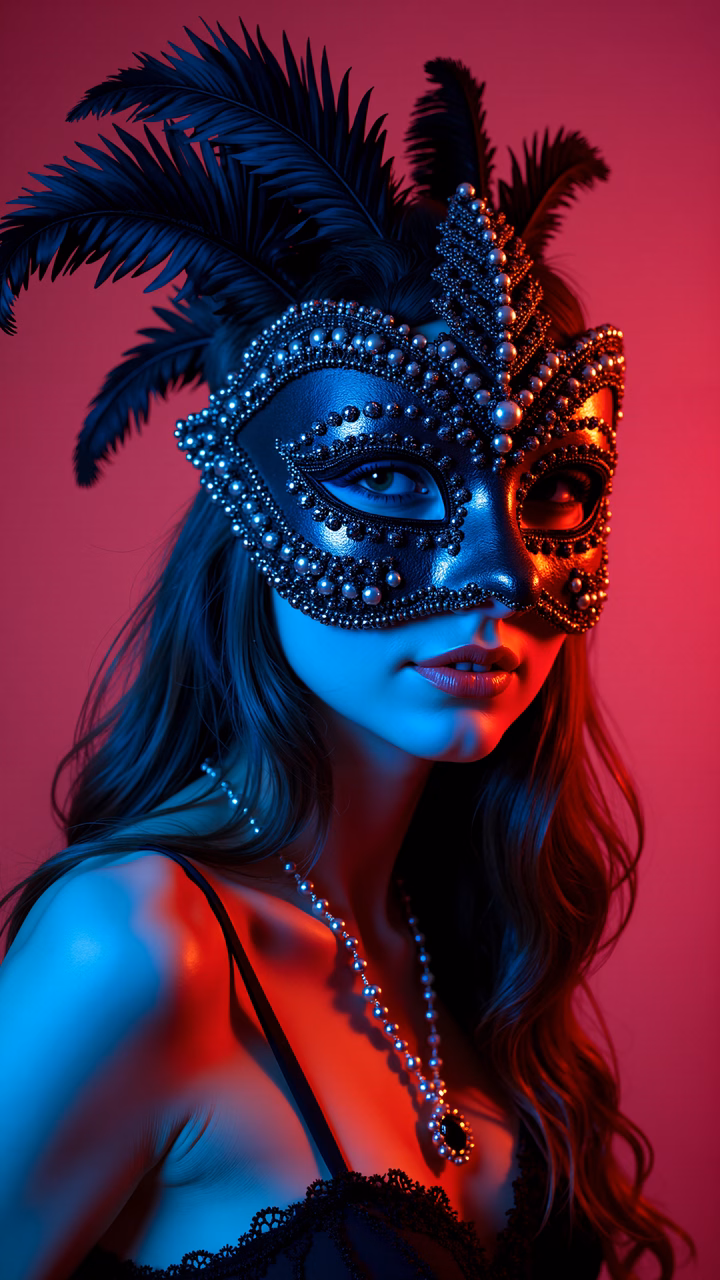 Elegant masquerade mask with neon lighting and pearl details.
