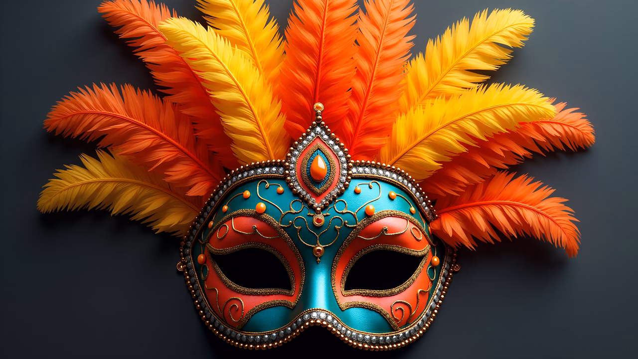 Vibrant masquerade mask with colorful feathers and intricate details.