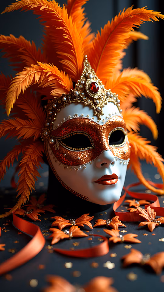Masquerade Mask with Orange Feathers