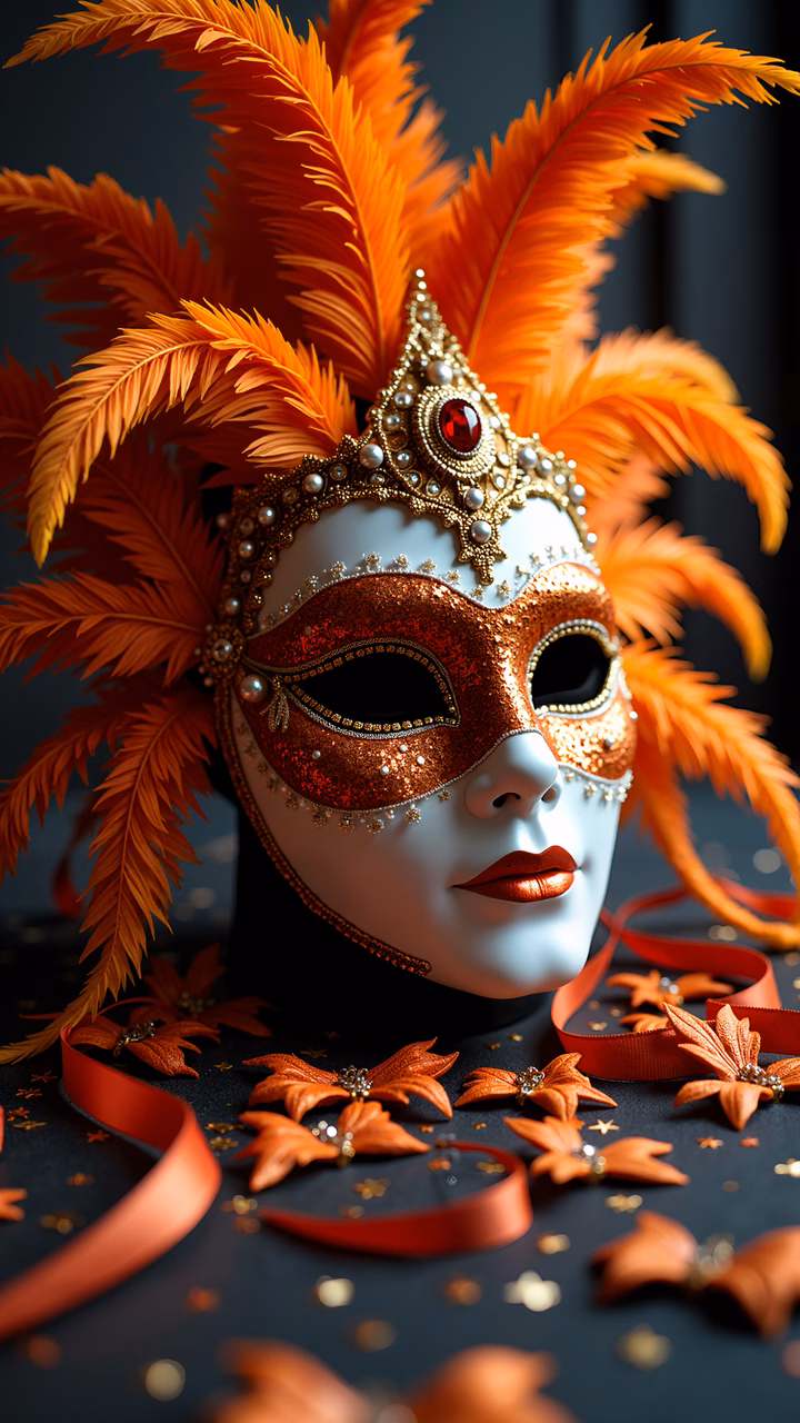 A masquerade mask with orange feathers and golden details, exuding elegance and mystery.