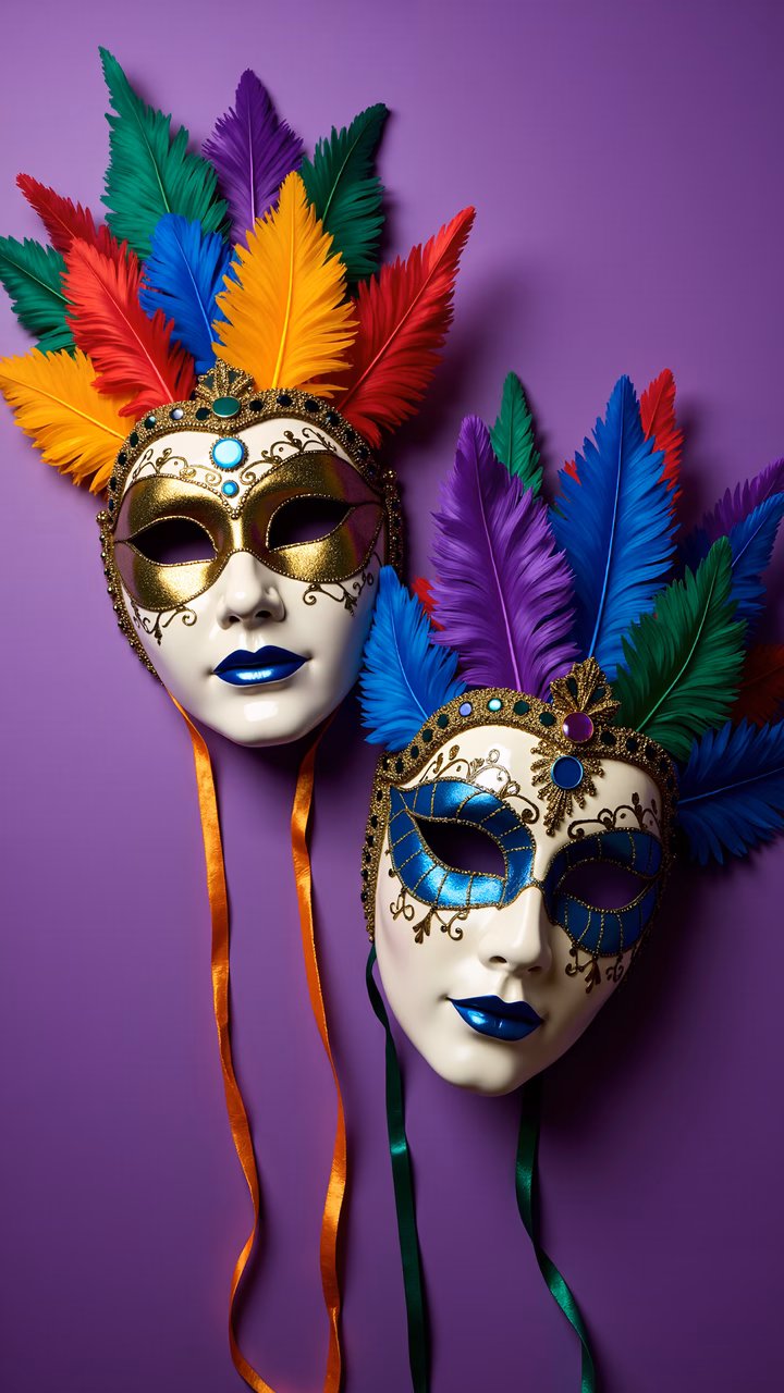 Vibrant masquerade masks against a deep purple backdrop