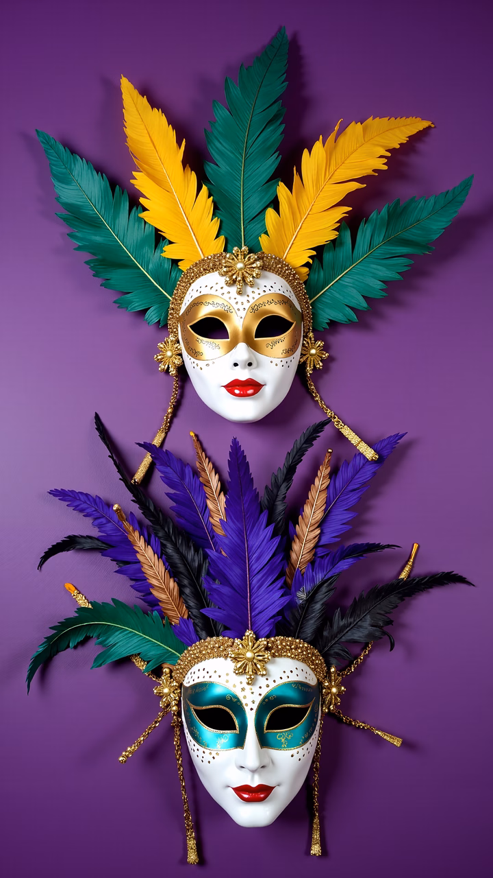 Elegant masquerade masks with vibrant feathers on a purple background.