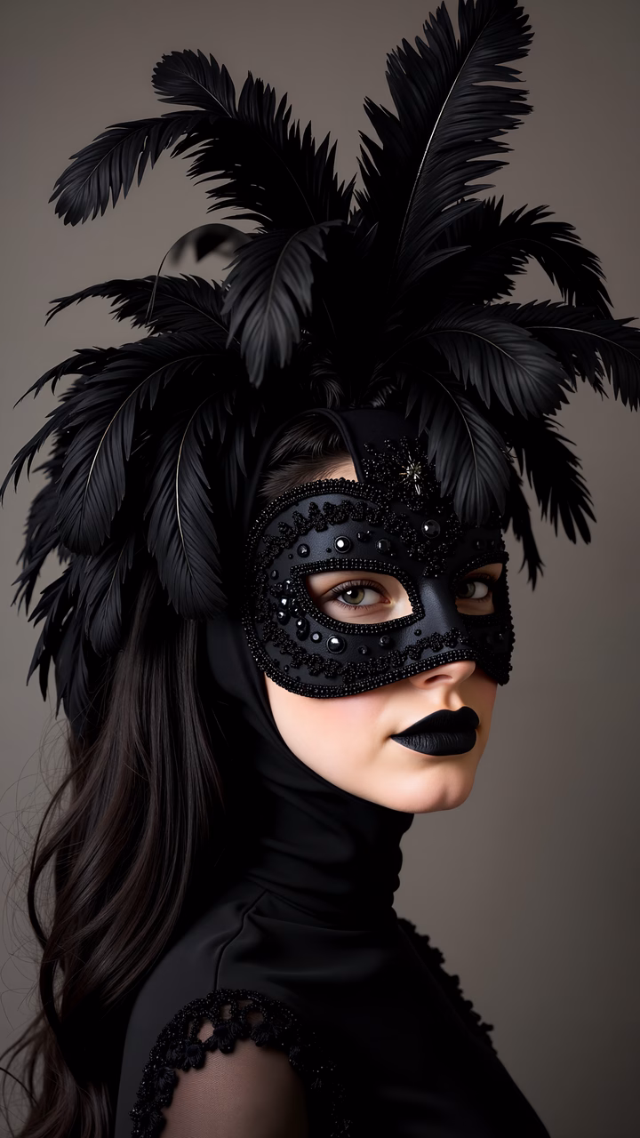 Elegant masquerade woman in black mask and feathers, mysterious and elegant.