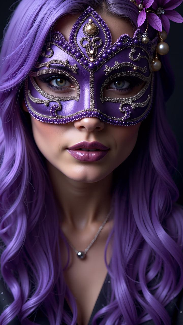 Elegant purple masquerade illustration with intricate beadwork and floral details.