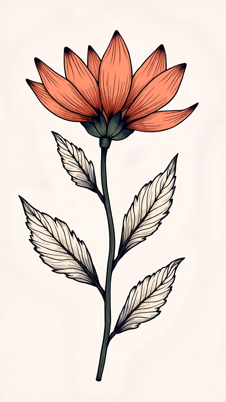 Detailed botanical illustration of a red flower with green stem and leaves.