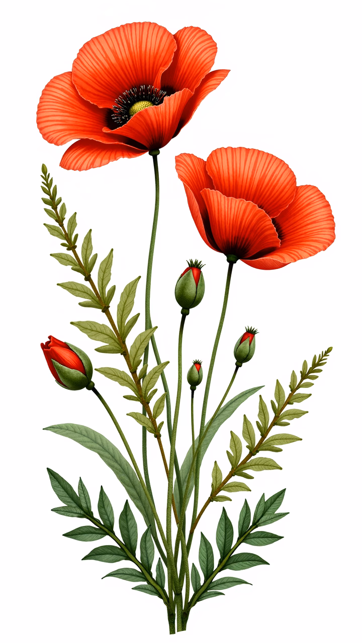 Vibrant red poppies in various stages of bloom, botanical illustration