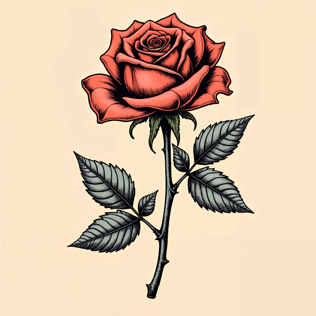 Detailed red rose illustration with intricate petals and lush green leaves on a beige background.