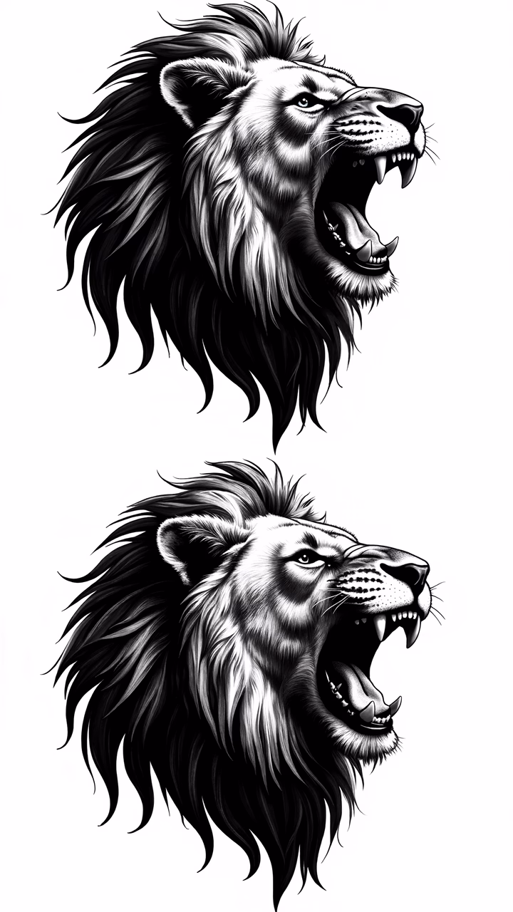 Monochrome roaring lion illustrations showcasing strength and dominance.