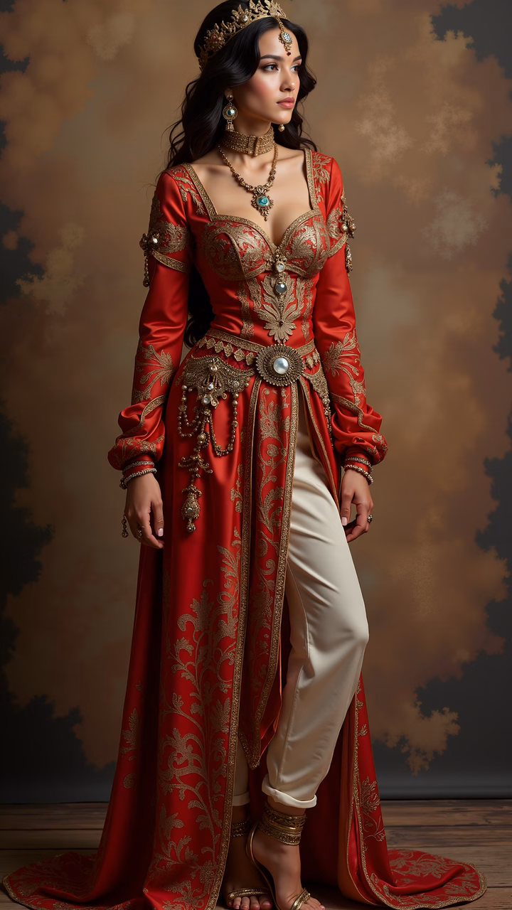 Elegant woman in ornate red gown with gold embroidery and crown, set against a textured cloud background.