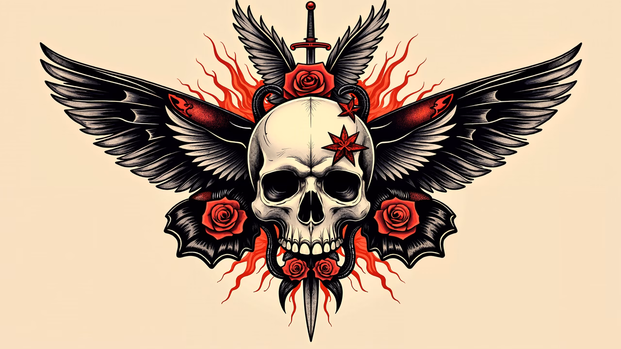 A dramatic illustration featuring a skull, wings, and roses with a sword piercing through it.