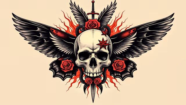 Skull with Wings and Roses