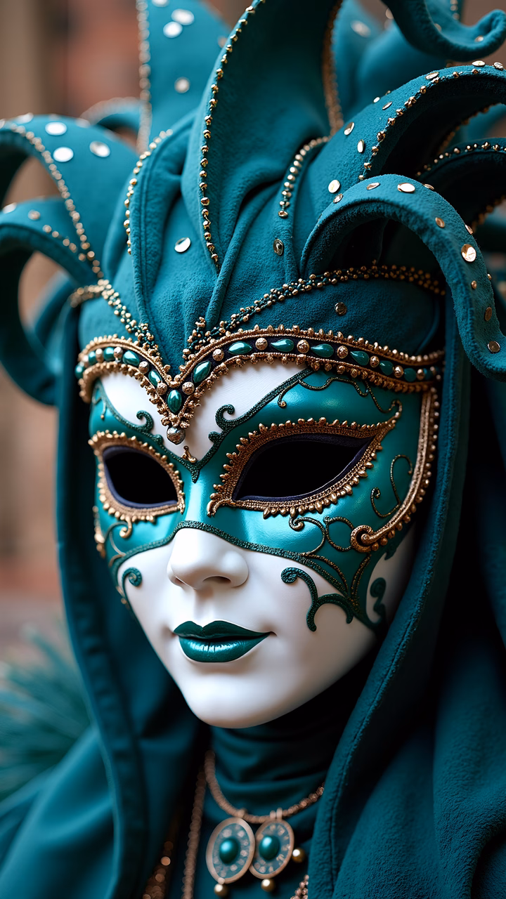 Teal Venetian Mask with Intricate Gold Details
