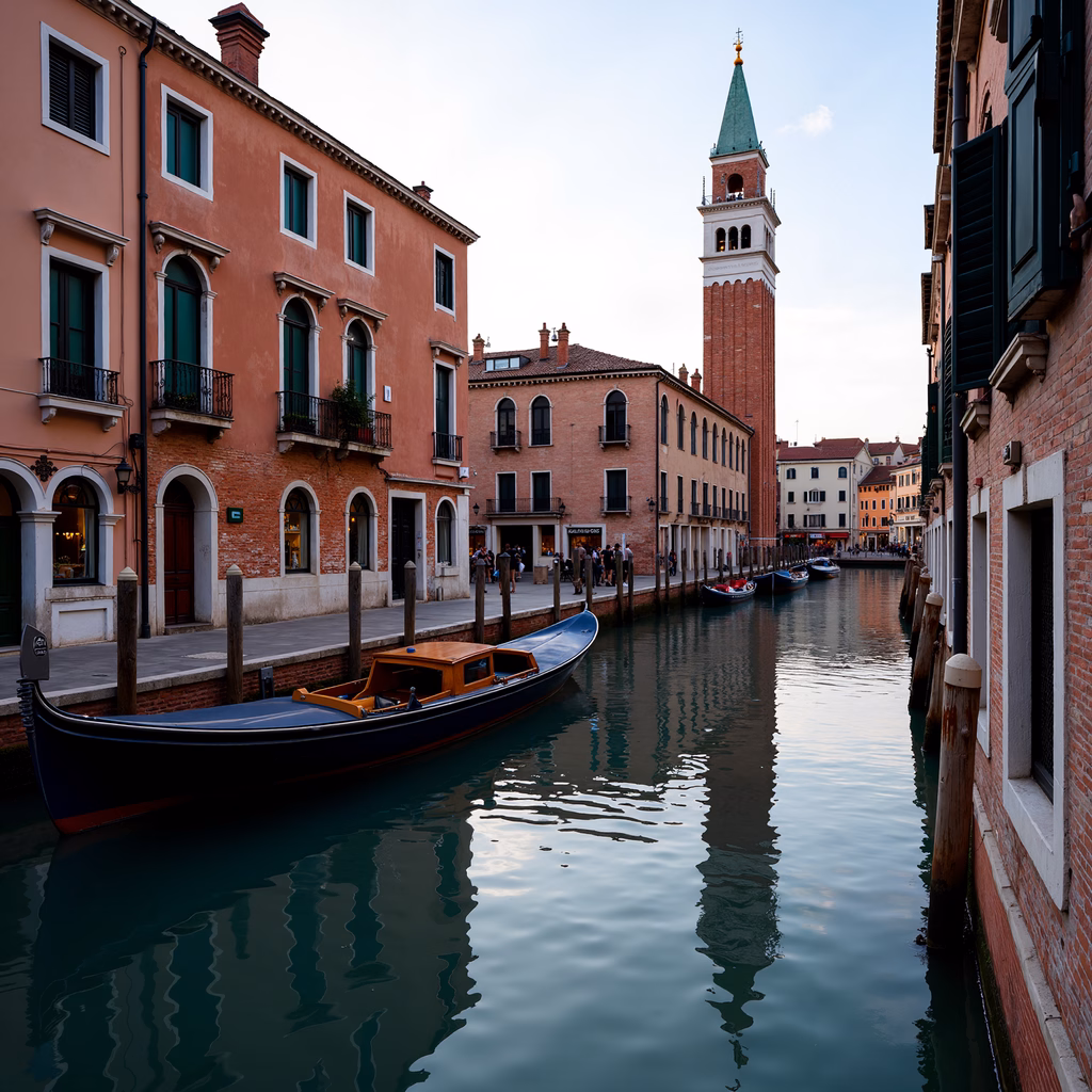 A gondola glides through the tranquil waters of Venice, Italy, surrounded by historic brick buildings.