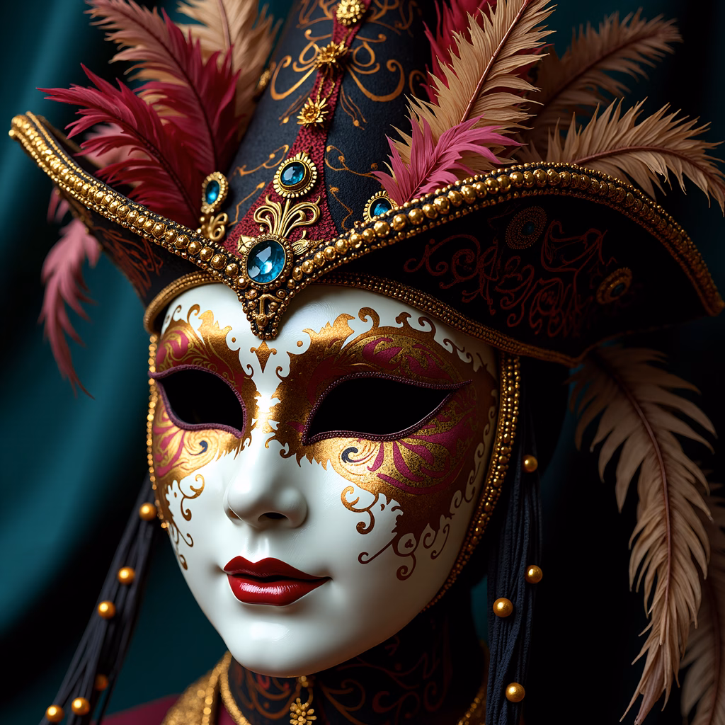 Elegant Venetian carnival mask with gold embellishments and red feathers.
