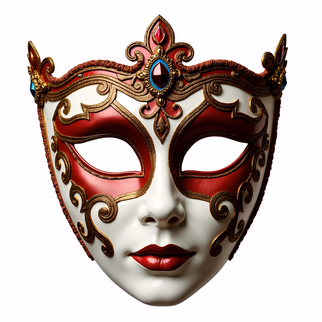 Elegant Venetian carnival mask with gold and red details, symbolizing luxury and festivity.