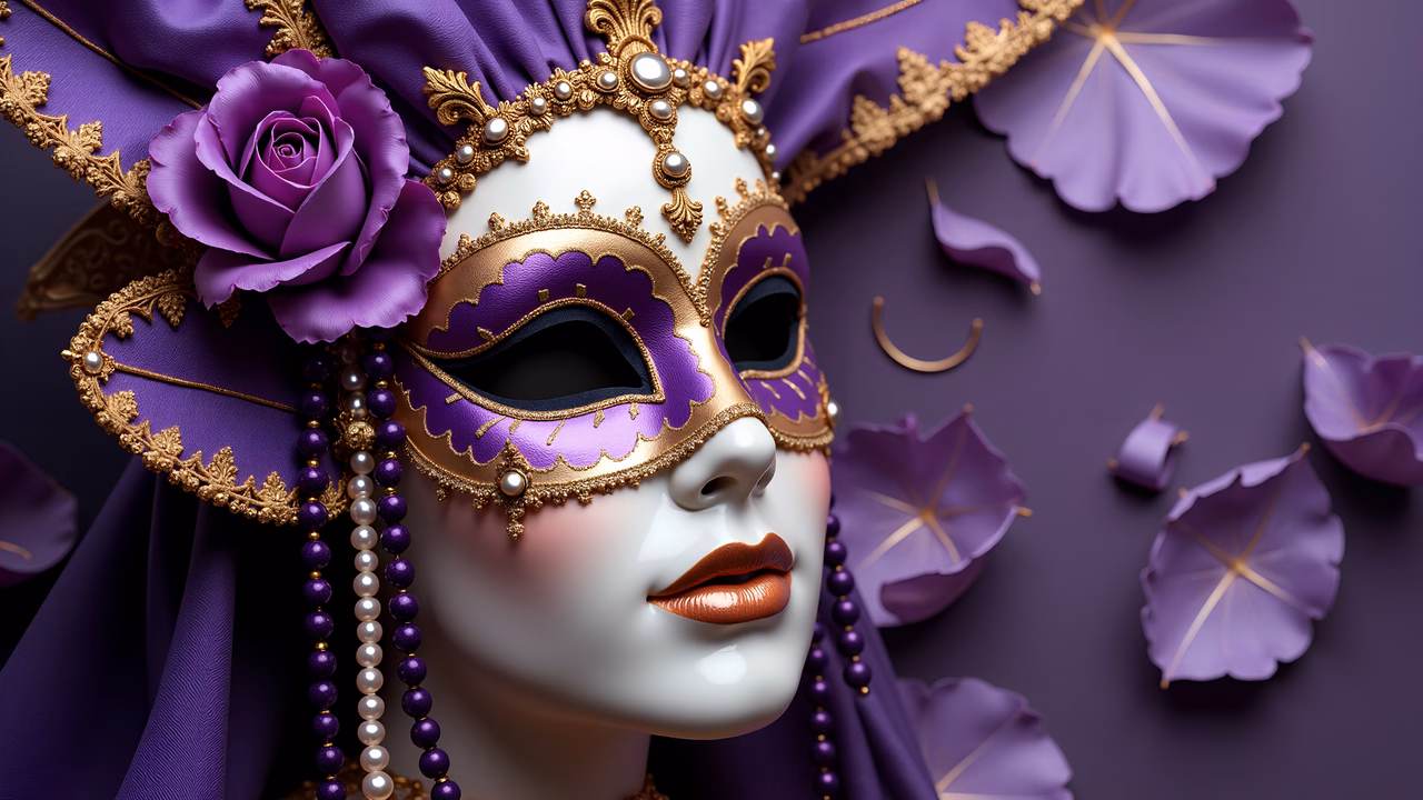 Elegant Venetian mask with pearls and purple roses, set against a dreamy purple backdrop.