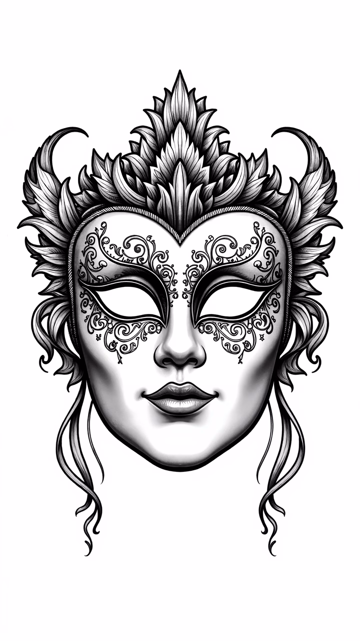 Elegant Venetian mask with intricate floral patterns and flowing hair, black and white illustration.
