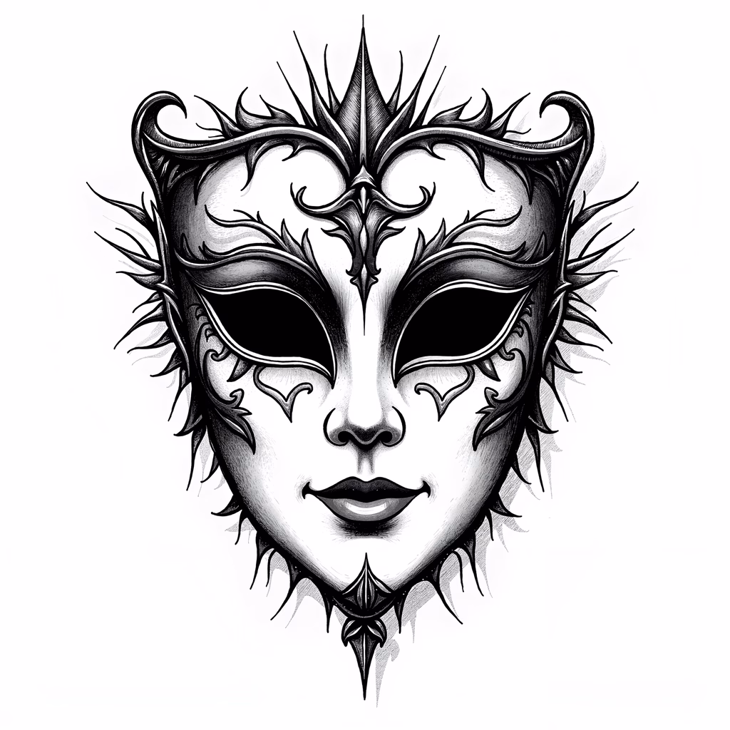 Detailed black and white illustration of a Venetian mask, evoking mystery and elegance.