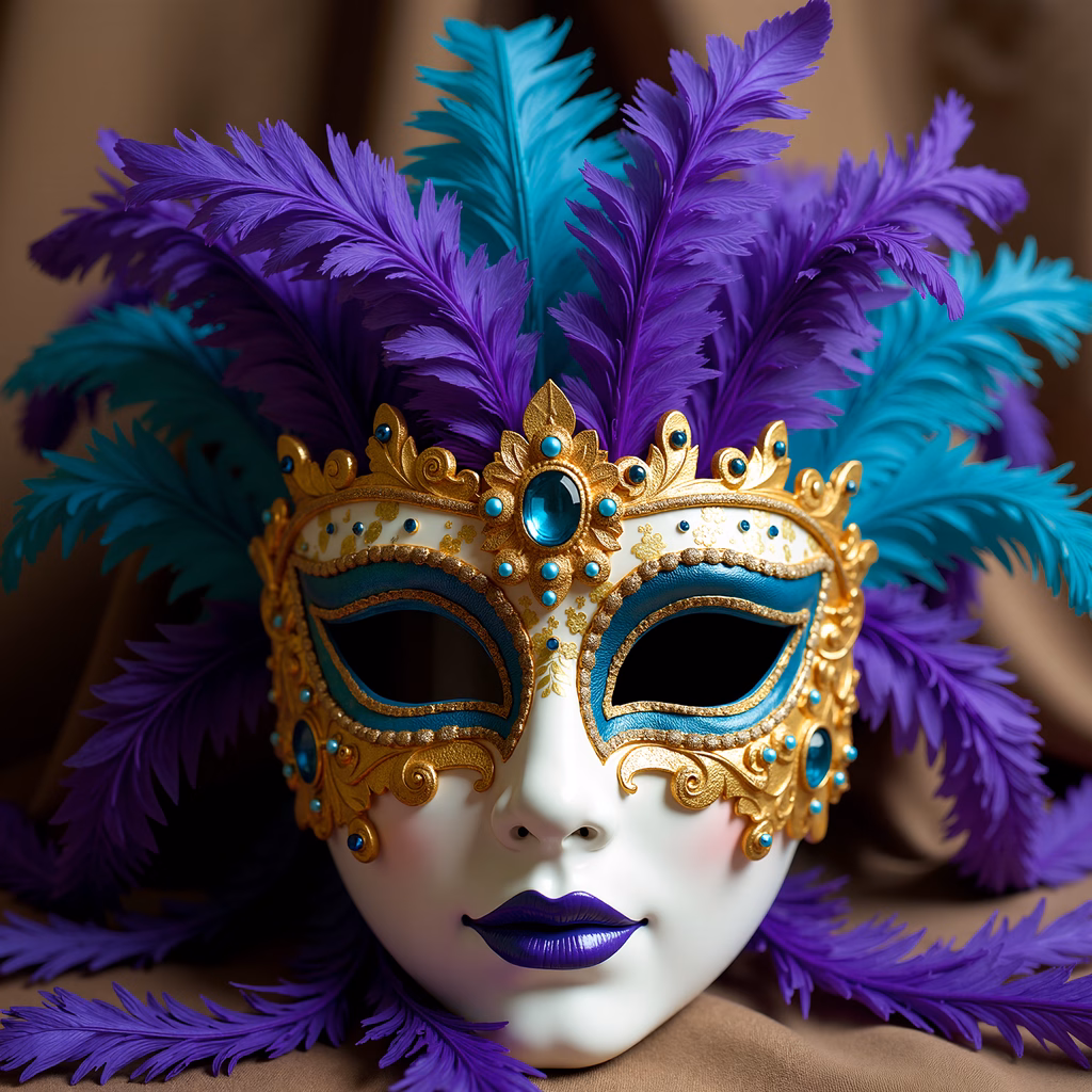 Elegant Venetian masquerade mask with gold details and colorful feathers.