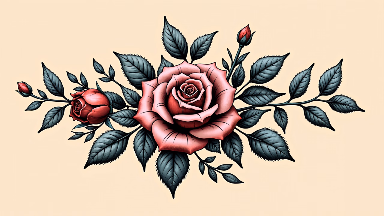 Detailed vintage rose illustration with rich colors and intricate linework.