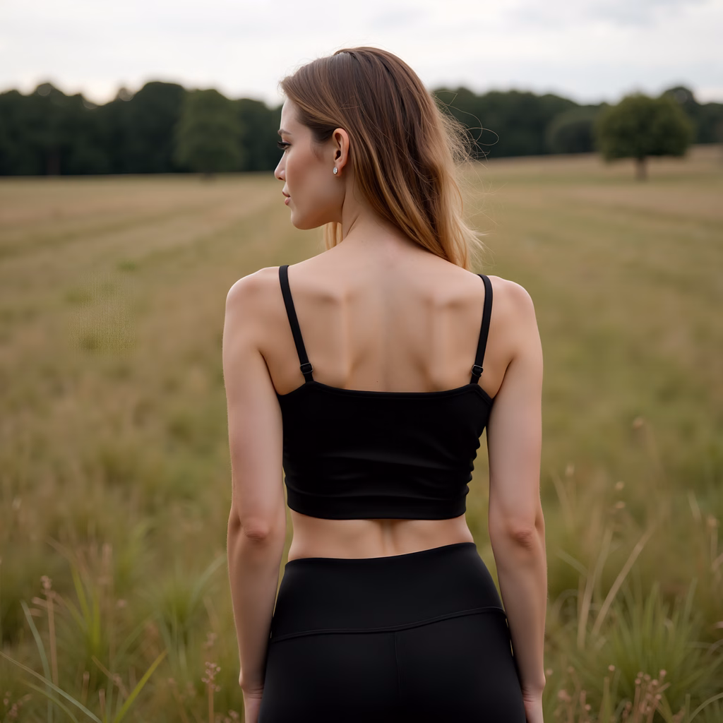 Woman in black crop top standing in a peaceful field, capturing a moment of calm and introspection.