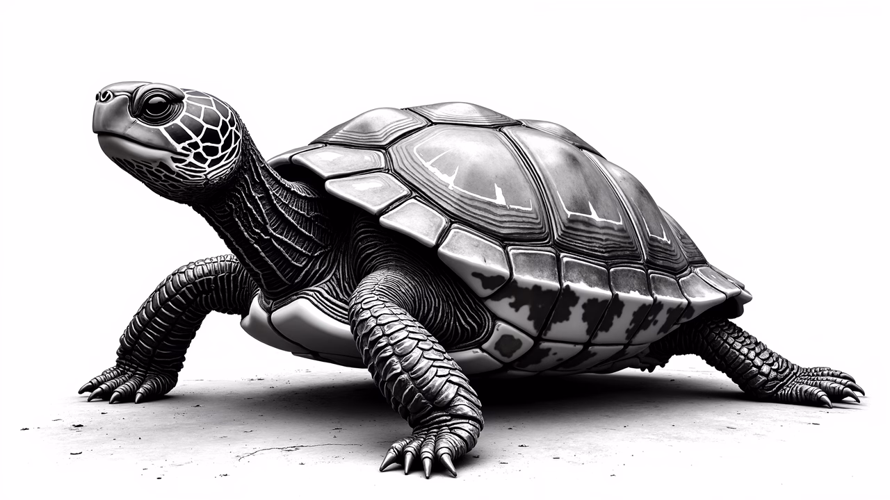 A monochrome illustration of a detailed turtle sculpture with intricate patterns, emphasizing contrast and texture against a minimalist background.